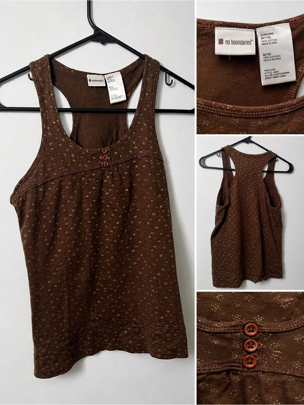 No Bound Vintage with tags Brown Racerback Tank Gold Metallic Dots & Glitter